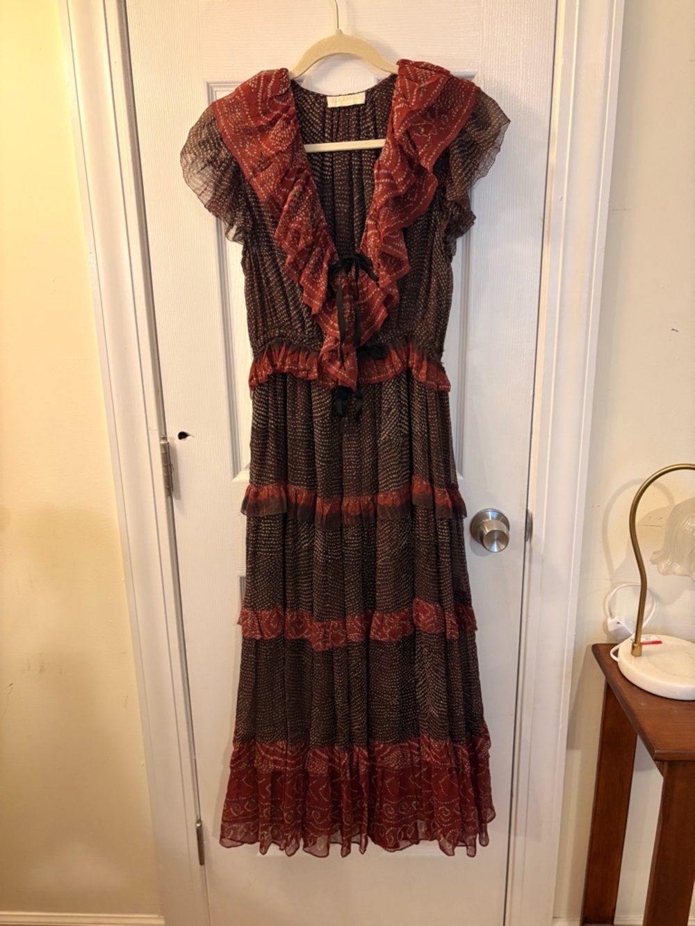 Ulla Johnson Silk Ruffle Tiered Maxi Dress Boho Tie Front Sheer Burgundy